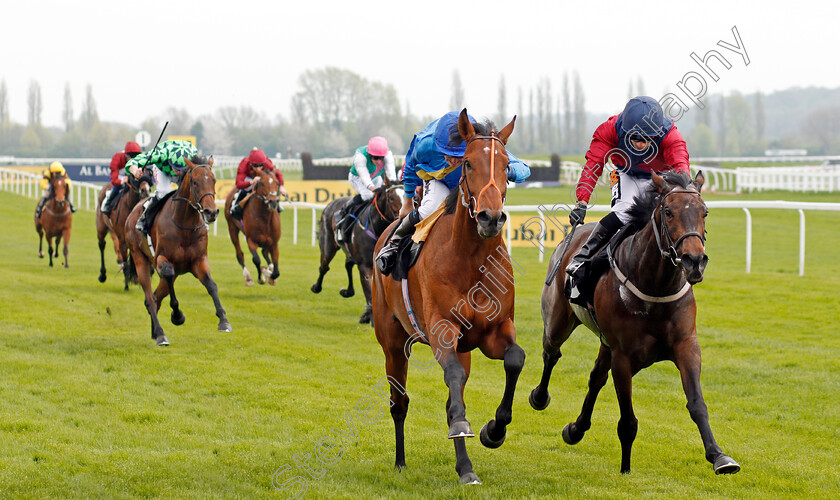 Adjutant-0003 
 ADJUTANT (centre, Jim Crowley) beats WHY WE DREAM (right) in The Dubai Duty Free Tennis Championships Maiden Stakes Div1 Newbury 21 Apr 2018 - Pic Steven Cargill / Racingfotos.com