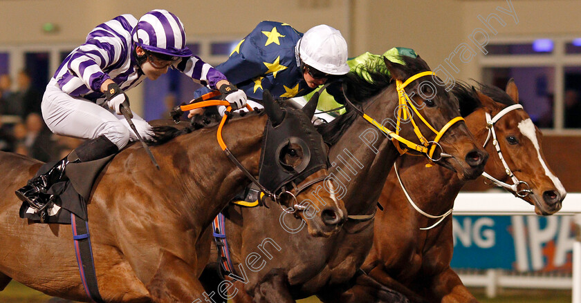 Ertidaad-0006 
 ERTIDAAD (left, Charles Bishop) beats DUKES MEADOW (centre) and HOW'S LUCY (right) in The Bet toteWIN At betfred.com Handicap Chelmsford 8 Dec 2017 - Pic Steven Cargill / Racingfotos.com