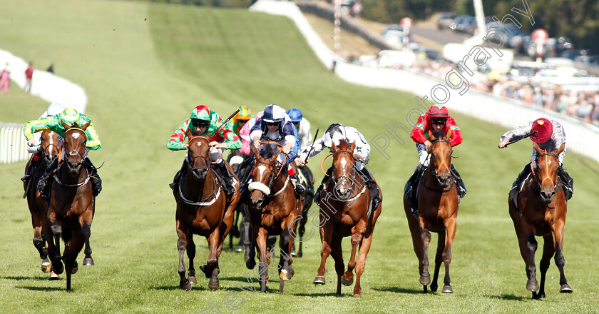 Feel-Glorious-0001 
 FEEL GLORIOUS (left, Pat Cosgrave) beats DANCING WARRIOR (2nd left), GLASS SLIPPERS (3rd left), LOVIN (3rd right), TIME FOR BED (2nd right) and ALHAKMAH (right) in The Victoria Racing Club Maiden Fillies Stakes
Goodwood 1 Aug 2018 - Pic Steven Cargill / Racingfotos.com