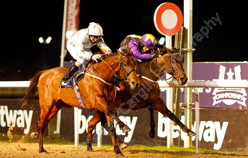 Mildenberger-0011 
 MILDENBERGER (left, Joe Fanning) beats RAINBOW DREAMER (right) in The Betway Conditions Stakes
Wolverhampton 18 Jan 2021 - Pic Steven Cargill / Racingfotos.com