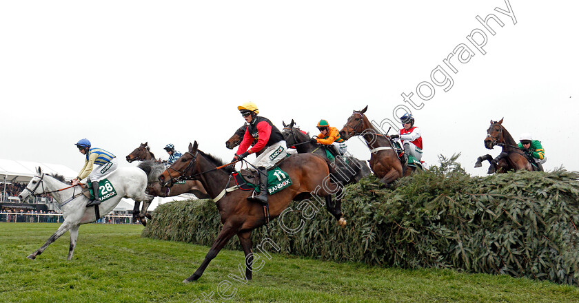 Ultragold-0003 
 ULTRAGOLD (centre, Harry Cobden) jumps with GREYBOUGG (left) on his way to winning The Randox Health Topham Handicap Chase Aintree 13 Apr 2018 - Pic Steven Cargill / Racingfotos.com