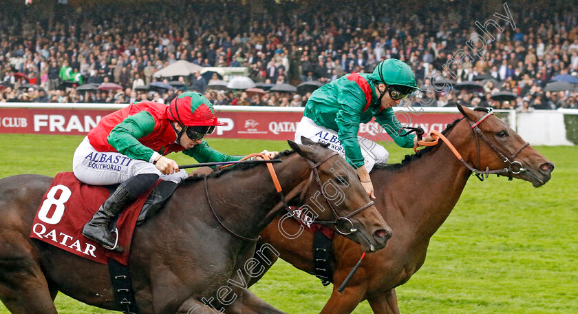 Vertical-Blue-0001 
 VERTICAL BLUE (nearside, A Pouchin) beats ZARIGANA (right) in The Qatar Prix Marcel Boussac
Longchamp 6 Oct 2024 - Pic Steven Cargill / Racingfotos.com