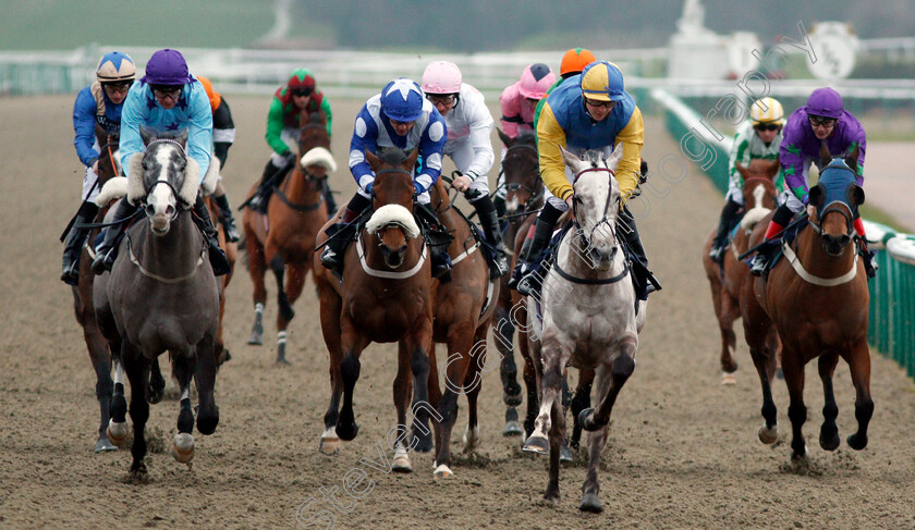 Betsalottie-0003 
 BETSALOTTIE (2nd right, Mitch Godwin) beats STRINGYBARK CREEK (2nd left) and NICKY BABY (left) in The Betway Handicap Div2 Lingfield 13 Jan 2018 - Pic Steven Cargill / Racingfotos.com