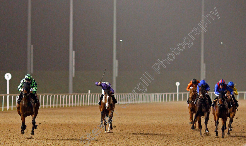 Kitty-Boo-0002 
 KITTY BOO (left, Jamie Spencer) wins The Bet totetrifecta At betfred.com Maiden Fillies Stakes Chelmsford 26 Sep 2017 - Pic Steven Cargill / Racingfotos.com