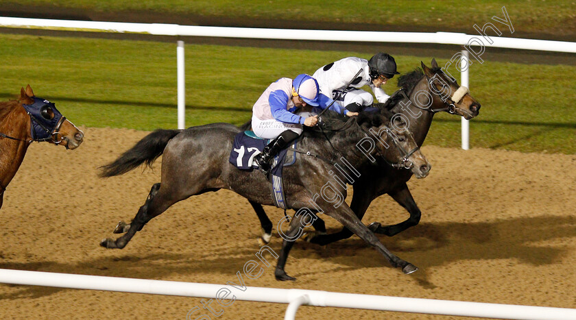 Maurice-Dancer-0002 
 MAURICE DANCER (farside, Paul Mulrennan) beats BEAT THE BREEZE (nearside) in The Ladbrokes Nursery
Wolverhampton 26 Nov 2019 - Pic Steven Cargill / Racingfotos.com