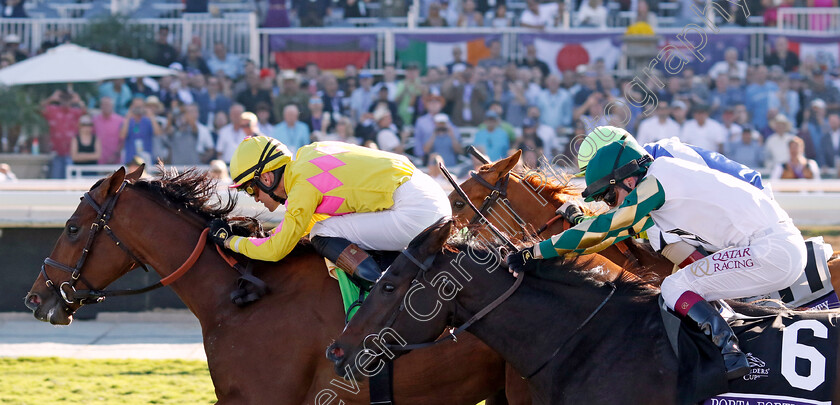 Hard-To-Justify-0002 
 HARD TO JUSTIFY (Flavien Prat) beats PORTA FORTUNA (right) in The Breeders' Cup Juvenile Fillies Turf
Santa Anita 3 Nov 2023 - Pic Steven Cargill / Racingfotos.com