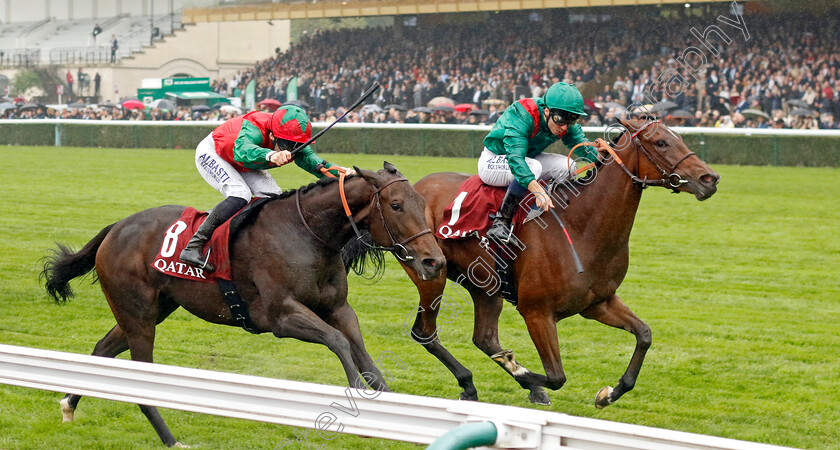 Vertical-Blue-0002 
 VERTICAL BLUE (nearside, A Pouchin) beats ZARIGANA (right) in The Qatar Prix Marcel Boussac
Longchamp 6 Oct 2024 - Pic Steven Cargill / Racingfotos.com