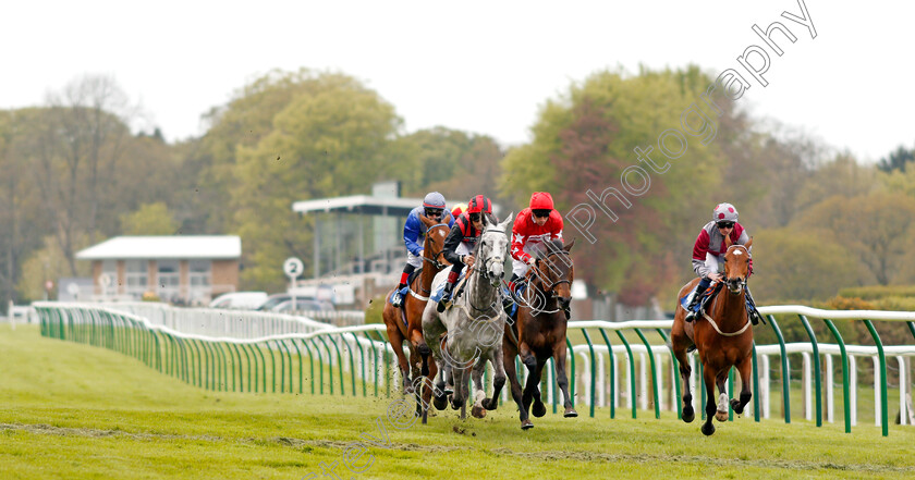 Pretty-Jewel-0001 
 LADY BERGAMOT (left, George Wood) and VILLETTE (right) lead the field during The Peter Symonds Catering Fillies Handicap won by PRETTY JEWEL (blue, Luke Catton) Salisbury 30 Apr 2018 - Pic Steven Cargill / Racingfotos.com