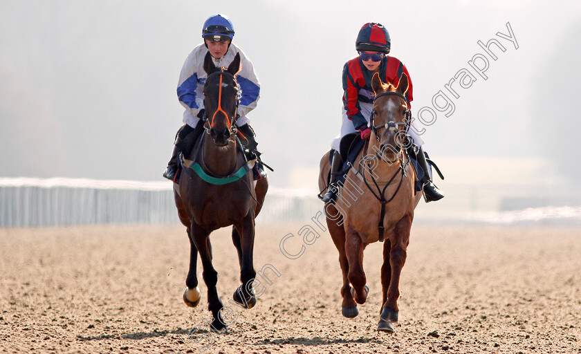 Lily-Clare-0001 
 Ten year old LILY CLARE (right) riding HONKY TONK GIRL beats FLO TINAWAY (Hollie Doyle) in a 6f race supported by the Dreams Come True charity, Lingfield 24 Feb 2018 - Pic Steven Cargill / Racingfotos.com