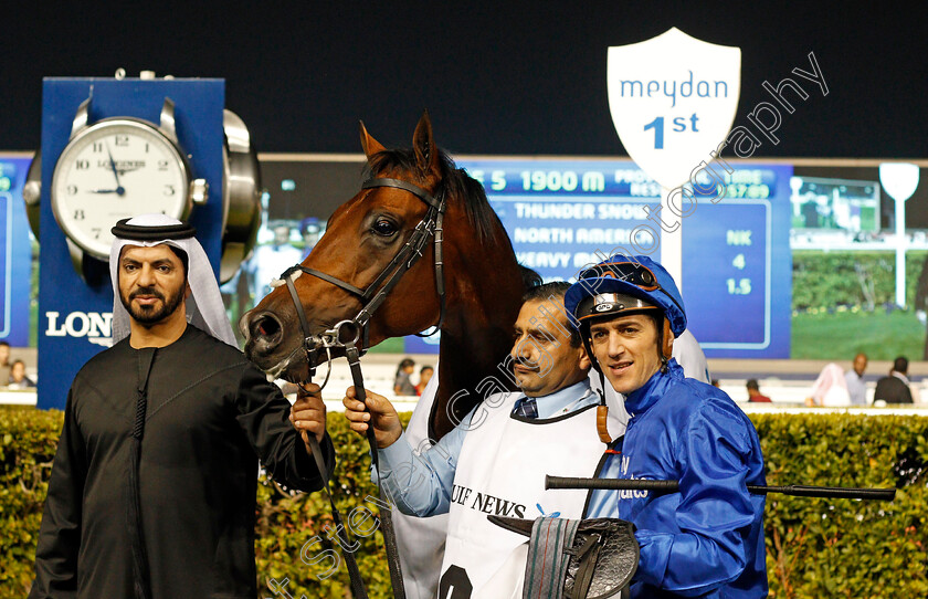 Thunder-Snow-0012 
 THUNDER SNOW (Christophe Soumillon) with Saeed Bin Suroor after winning The Al Maktoum Challenge Round 2 Meydan 8 Feb 2018 - Pic Steven Cargill / Racingfotos.com