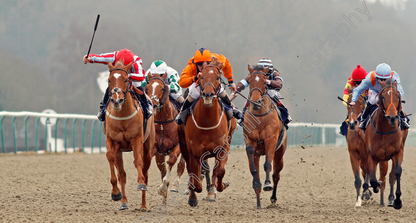 Toriano-0001 
 TORIANO (left, Tom Marquand) beats VARSOVIAN (centre) in The Play Jackpot Games At sunbets.co.uk/vegas Handicap Lingfield 6 Jan 2018 - Pic Steven Cargill / Racingfotos.com