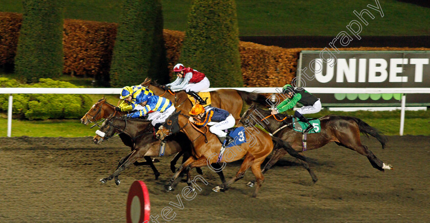 Zoom-Zoom-Babe-0003 
 ZOOM ZOOM BABE (blue cap, Theodore Ladd) beats MAJESTIC TEJAAN (yellow cap) and HOLD FAST (3) in The Try Our New Price Boosts At Unibet Fillies Handicap
Kempton 16 Feb 2022 - Pic Steven Cargill / Racingfotos.com