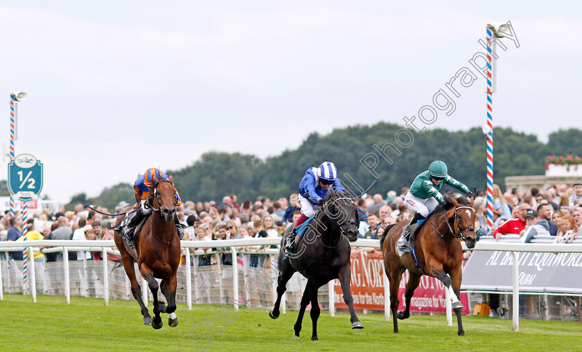 Mostahdaf-0009 
 MOSTAHDAF (Frankie Dettori) beats NASHWA (right) and PADDINGTON (left) in The Juddmonte International Stakes
York 23 Aug 2023 - Pic Steven Cargill / Racingfotos.com