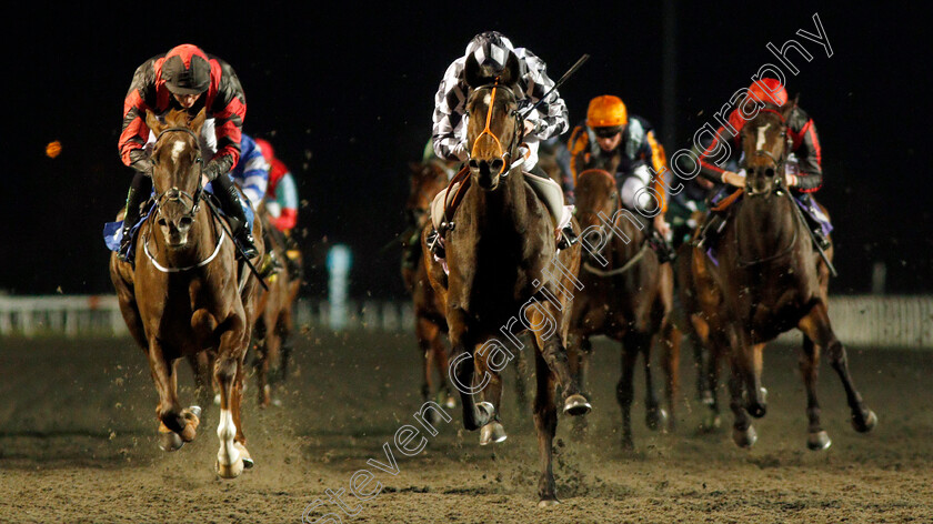 Cry-Havoc-0003 
 CRY HAVOC (centre, Rob Hornby) beats LAPSES LINGUAE (left) in The 32Red Casino Fillies Novice Auction Stakes
Kempton 20 Nov 2019 - Pic Steven Cargill / Racingfotos.com