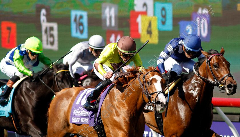 Chasing-Liberty-0002 
 CHASING LIBERTY (centre, Irad Ortiz) beats TEST SCORE (right) in The Thoroughbred Aftercare Alliance Stakes
Del Mar USA 1 Nov 2024 - Pic Steven Cargill / Racingfotos.com