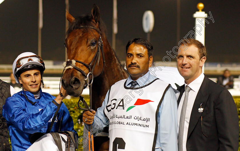 Gold-Town-0016 
 GOLD TOWN (William Buick) with Charlie Appleby after The UAE 2000 Guineas Trial Div1 Meydan 25 Jan 2018 - Pic Steven Cargill / Racingfotos.com