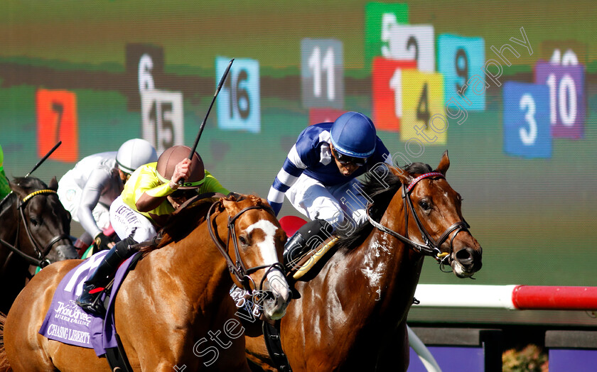 Chasing-Liberty-0003 
 CHASING LIBERTY (left, Irad Ortiz) beats TEST SCORE (right) in The Thoroughbred Aftercare Alliance Stakes
Del Mar USA 1 Nov 2024 - Pic Steven Cargill / Racingfotos.com