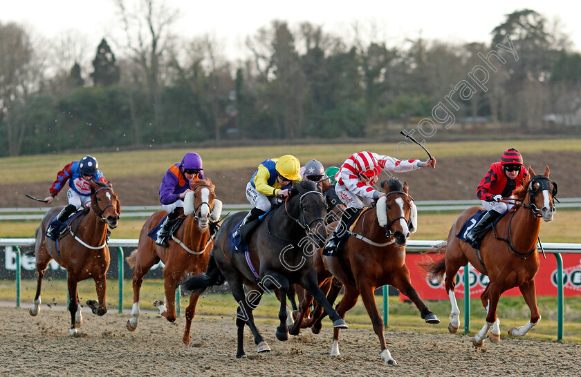 Smiley-Bagel-0001 
 SMILEY BAGEL (centre, Richard Kingscote) beats ESSPEEGEE (2nd right) beats FALCON'S FIRE (right) in The Betway Handicap Div2 Lingfield 16 Feb 2018 - Pic Steven Cargill / Racingfotos.com