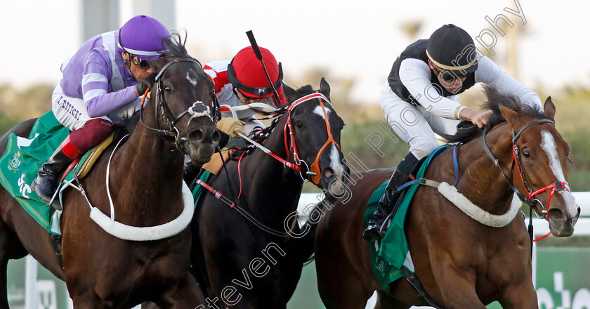 Hapipi-Go-Lucky-0004 
 HAPIPI GO LUCKY (right, Bauyrzhan Murzabayev) beats AASSER (left, Frankie Dettori) and GROOM (centre) in The International Jockeys Challenge R3
King Abdulziz Racecourse, Kingdom of Saudi Arabia, 24 Feb 2023 - Pic Steven Cargill / Racingfotos.com