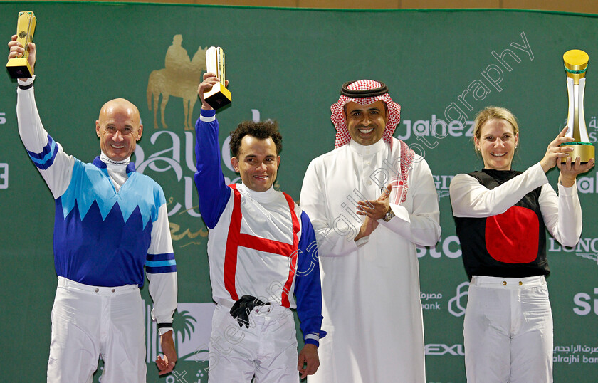 Caitlin-Jones-0004 
 Presentation to CAITLIN JONES winner of The STC International Jockeys Challenge with Joel Rosario (centre) and Glen Boss (left)
King Abdulaziz Racecourse, Riyadh, Saudi Arabia 25 Feb 2022 - Pic Steven Cargill /Racingfotos.com