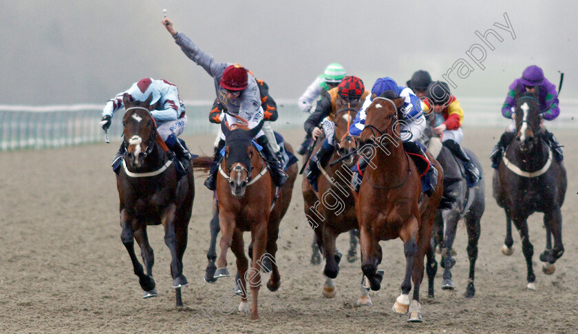 The-Warrior-0002 
 THE WARRIOR (right, Daniel Muscutt) beats AL DAIHA (centre) and TANQEEB (left) in The Bombardier March To Your Own Drum Handicap
Lingfield 4 Mar 2020 - Pic Steven Cargill / Racingfotos.com