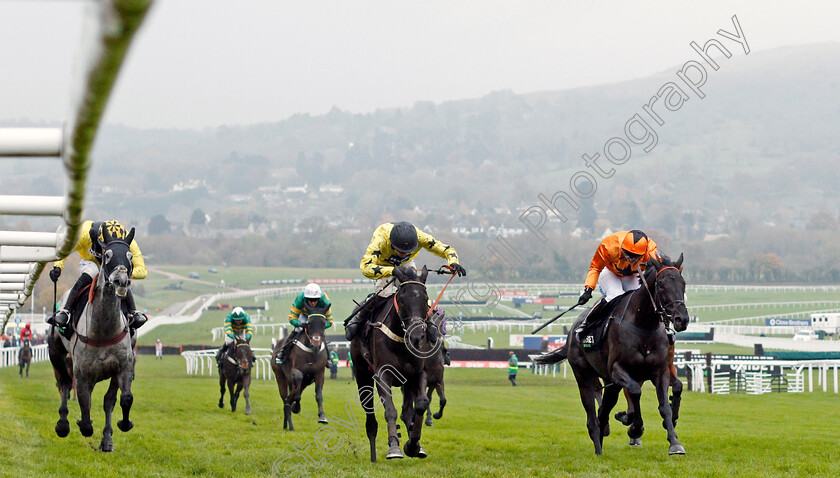 Harambe-0001 
 HARAMBE (centre, Tom Bellamy) beats GUMBALL (left) and MONSIEUR LECOQ (right) in The Unibet Greatwood Handicap Hurdle
Cheltenham 17 Nov 2019 - Pic Steven Cargill / Racingfotos.com