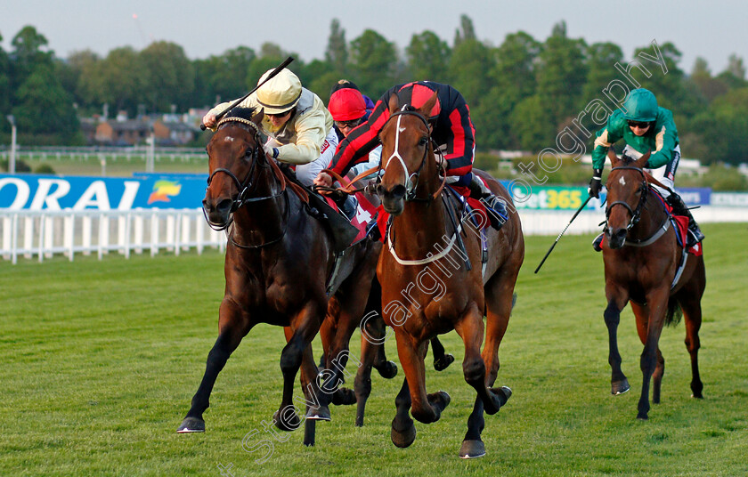 Coul-Kat-0003 
 COUL KAT (centre, Ben Curtis) beats FINAL WATCH (left) in The Coral Supporting Prostate Cancer Handicap
Sandown 27 May 2021 - Pic Steven Cargill / Racingfotos.com