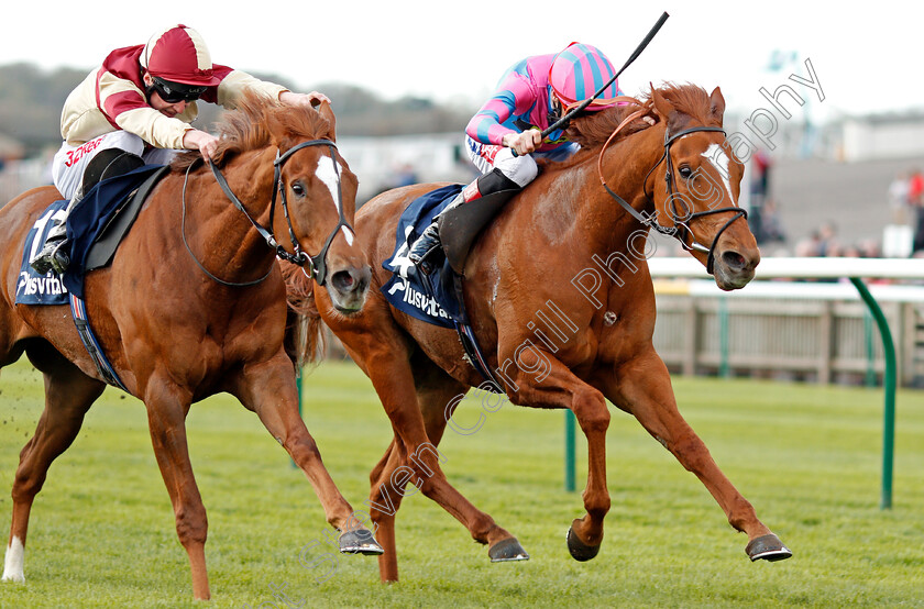 Examiner-0005 
 EXAMINER (right, Fran Berry) beats RED TEA (left) in The Plusvital Energene-Q10 Handicap Newmarket 17 Apr 2018 - Pic Steven Cargill / Racingfotos.com