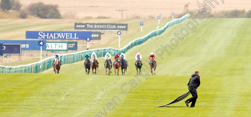 Newmarket-hoarding-0002 
 A racecourse groundsman retrieves an advertising hoarding from the track after it had blown into the path of the field for the Princess Royal Muhaarar Stakes
Newmarket 27 Sep 2019 - Pic Steven Cargill / Racingfotos.com