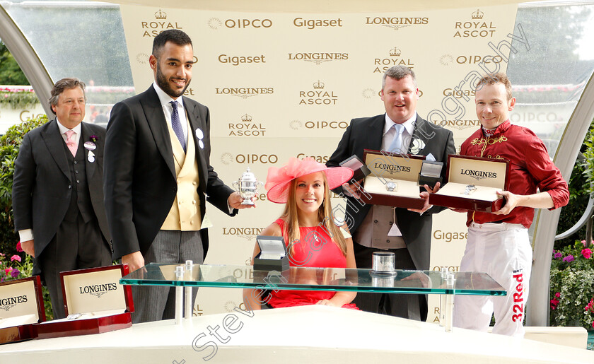 Pallasator-0011 
 Presentation by Hannah Cockroft to Sheikh Fahad Al Thani, Gordon Elliott and Jamie Spencer for The Queen Alexandra Stakes won by PALLASATOR
Royal Ascot 23 Jun 2018 - Pic Steven Cargill / Racingfotos.com