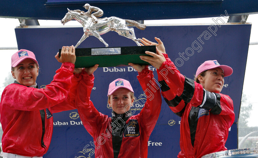 Shergar-Cup-Winners-0006 
 Presentation of the Dubai Duty Free Shergar Cup to the Girls Team, Josephine Gordon, Hollie Doyle and Hayley Turner
Ascot 11 Aug 2018 - Pic Steven Cargill / Racingfotos.com