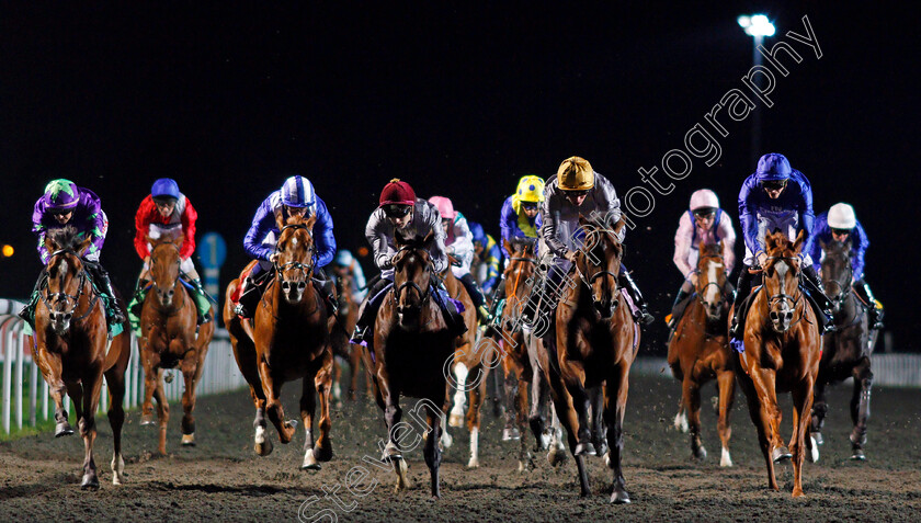 Kassar-0006 
 KASSAR (2nd, Kieran Shoemark) beats MSAYYAN (centre) and DRAGON MOUNTAIN (left) in The 32Red Casino EBF Novice Stakes Kempton 4 Oct 2017 - Pic Steven Cargill / Racingfotos.com