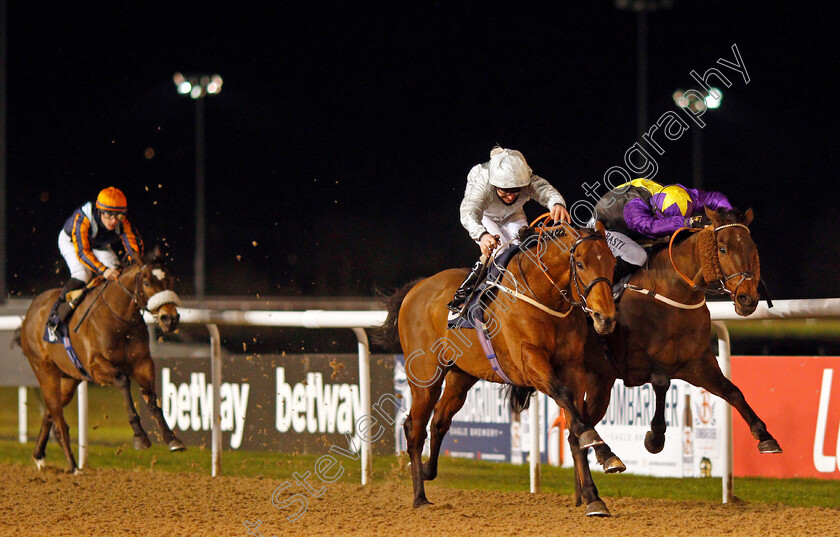 Mildenberger-0007 
 MILDENBERGER (centre, Joe Fanning) beats RAINBOW DREAMER (right) in The Betway Conditions Stakes
Wolverhampton 18 Jan 2021 - Pic Steven Cargill / Racingfotos.com