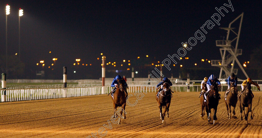 Comicas-0002 
 COMICAS (left, William Buick) wins The Dubawi Stakes Meydan 18 Jan 2018 - Pic Steven Cargill / Racingfotos.com