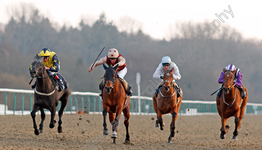 Perfect-Illusion-0005 
 PERFECT ILLUSION (centre, Rob Hornby) beats TECHNOLOGICAL (left) in The 32Red Casino Novice Stakes Lingfield 23 Feb 2018 - Pic Steven Cargill / Racingfotos.com