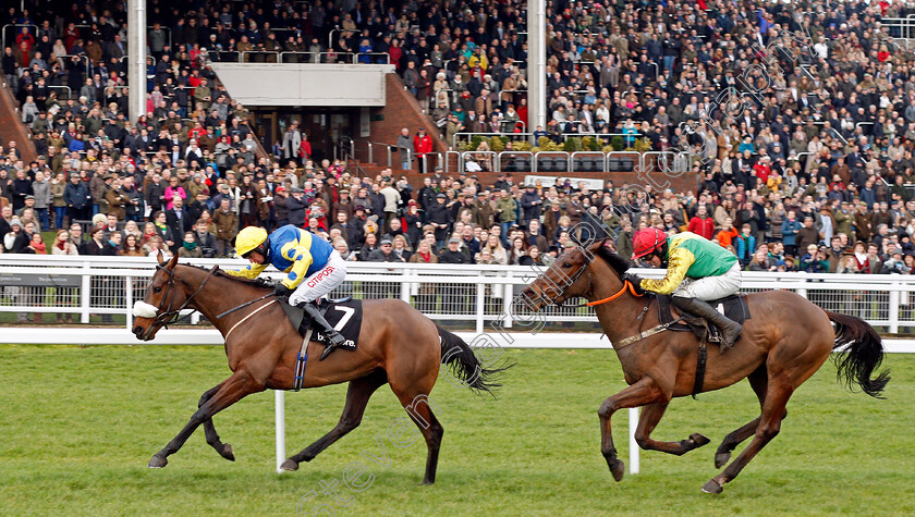 Tikkanbar-0005 
 TIKKANBAR (Noel Fehily) beats AINCHEA (right) in The Ballymore Novices Hurdle Cheltenham 1 Jan 2018 - Pic Steven Cargill / Racingfotos.com