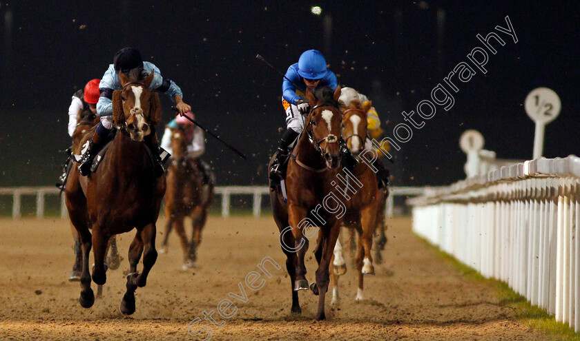 Spinning-Melody-0005 
 SPINNING MELODY (right, Silvestre De Sousa) beats FOOTMAN (left) in The Bet totetrifecta At betfred.com Maiden Stakes Chelmsford 12 Oct 2017 - Pic Steven Cargill / Racingfotos.com