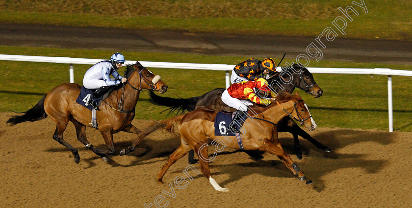 Lottie-Marie-0005 
 LOTTIE MARIE (nearside, Rhys Clutterbuck) beats TORONADO QUEEN (farside) and I'M AVAILABLE (left) in The Ladbrokes Watch Racing Online For Free EBF Fillies Handicap
Wolverhampton 1 Feb 2021 - Pic Steven Cargill / Racingfotos.com