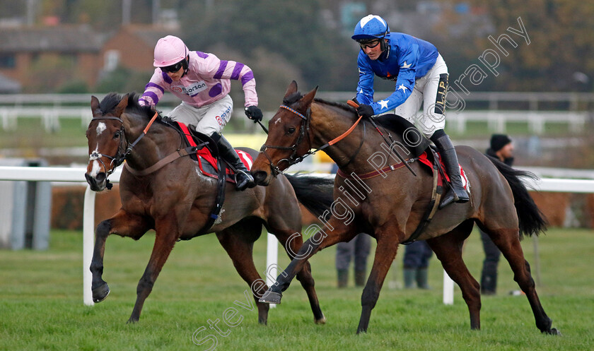 Stay-Away-Fay-0005 
 STAY AWAY FAY (left, Harry Cobden) beats GIOVINCO (right) in The Betfair Esher Novices Chase
Sandown 8 Dec 2023 - pic Steven Cargill / Racingfotos.com