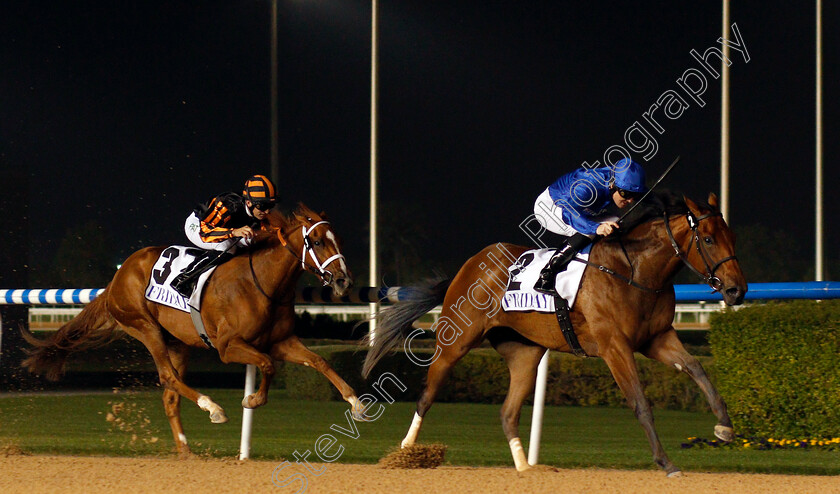 Winter-Lightning-0005 
 WINTER LIGHTNING (Pat Cosgrave) beats RAYYA (left) in The UAE 1000 Guineas Meydan 8 Feb 2018 - Pic Steven Cargill / Racingfotos.com