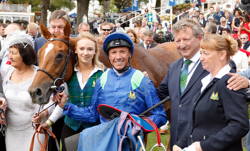 Poet s-Society-0008 
 MARK JOHNSTON with POET'S SOCIETY, Frankie Dettori and Robyn Whatton after the Clipper Logistics Handicap, becoming the winningmost trainer in the UK of all time
York 23 Aug 2018 - Pic Steven Cargill / Racingfotos.com