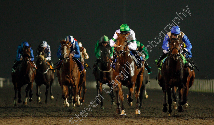 Archie-Mckellar-0003 
 ARCHIE MCKELLAR (Pat Dobbs) beats RECOLLECT (right) and HAADER (left) in The 32Red.com Novice Stakes Kempton 18 Oct 2017 - Pic Steven Cargill / Racingfotos.com