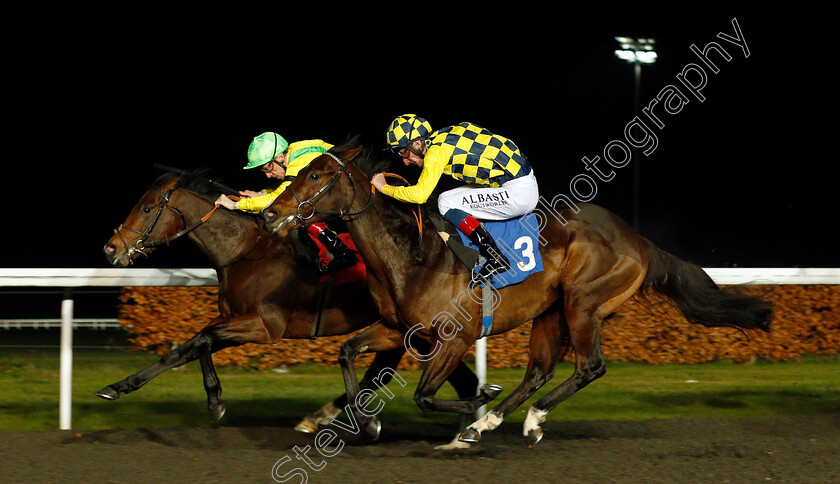 Waddat-0002 
 WADDAT (Shane Kelly) beats HONORE DAUMIER (right) in The 32Red On The App Store Nursery
Kempton 4 Dec 2019 - Pic Steven Cargill / Racingfotos.com