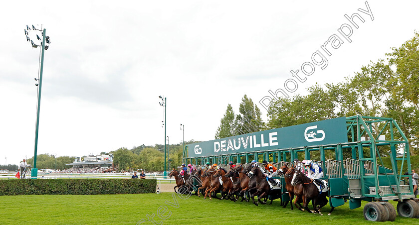 Bemer-0002 
 Horses break from the stalls for The Prix des Greniers a Sel won by BEMER (red, T Bachelot)
Deauville 12 Aug 2023 - Pic Steven Cargill / Racingfotos.com