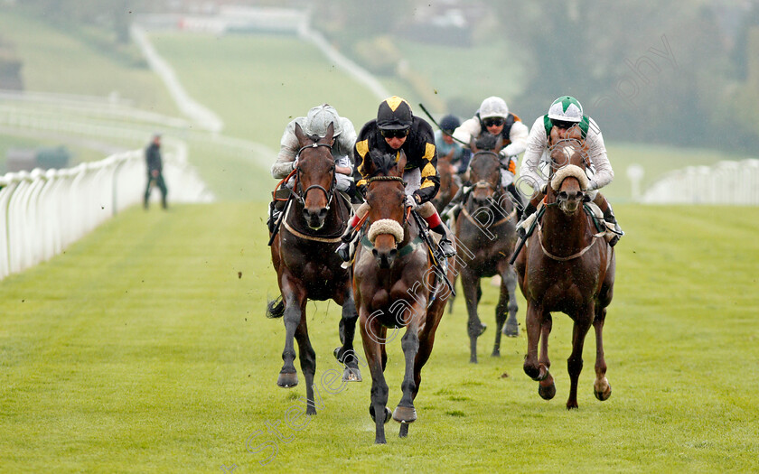 Rayna s-World-0004 
 RAYNA'S WORLD (centre, Jimmy Quinn) beats KING'S PROCTOR (left) and DUBAI EMPIRE (right) in The Toteexacta Handicap Leicester 28 Apr 2018 - Pic Steven Cargill / Racingfotos.com