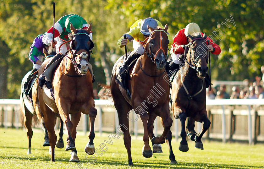 Spring-Bloom-0004 
 SPRING BLOOM (centre, Richard Kingscote) beats DASHING DICK (left) in The Maritime Cargo Services Outperforming The Oppositin Handicap
Newmarket 9 Aug 2024 - Pic Steven Cargill / Racingfotos.com