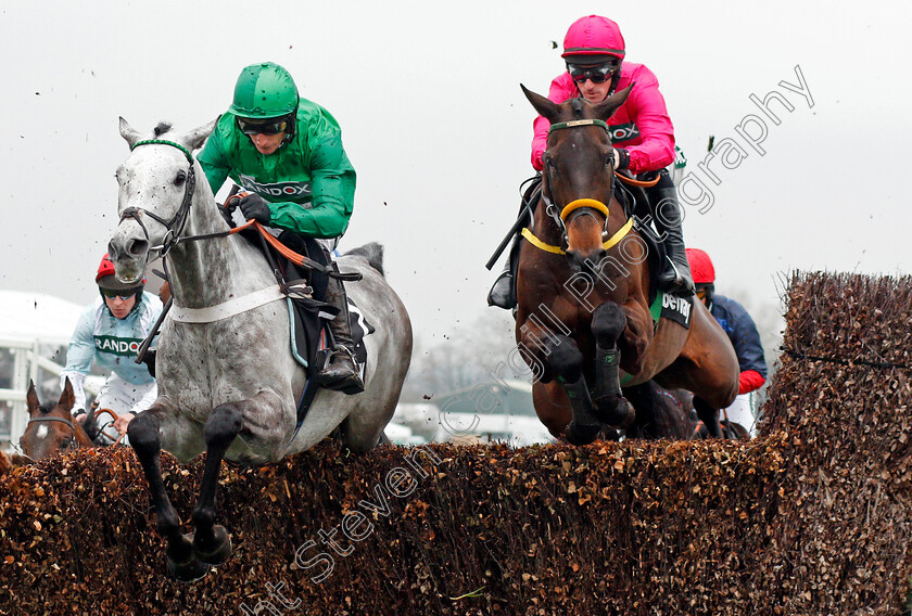 Terrefort-0002 
 TERREFORT (left, Daryl Jacob) jumps with SNOW FALCON (right) on his way to winning The Betway Mildmay Novices Chase Aintree 13 Apr 2018 - Pic Steven Cargill / Racingfotos.com