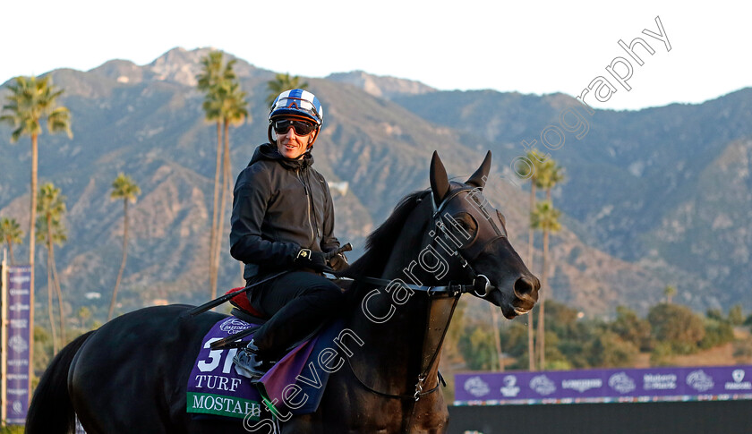 Mostahdaf-0003 
 MOSTAHDAF (Jim Crowley) training for the Breeders' Cup Turf
Santa Anita USA, 1 Nov 2023 - Pic Steven Cargill / Racingfotos.com