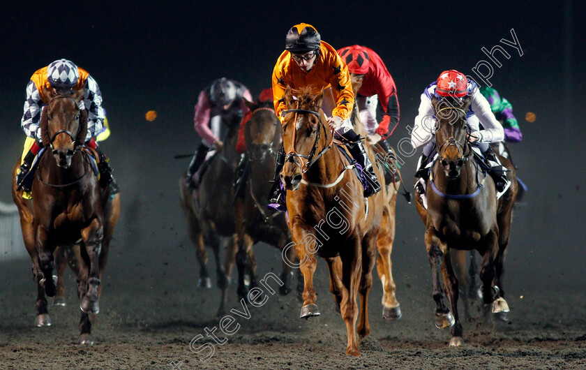 Deeley s-Double-0005 
 DEELEY'S DOUBLE (P J McDonald) beats ICE CANYON (right) and COLOURFUL CAREER (left) in The 32Red Casino Handicap Kempton 10 Jan 2018 - Pic Steven Cargill / Racingfotos.com