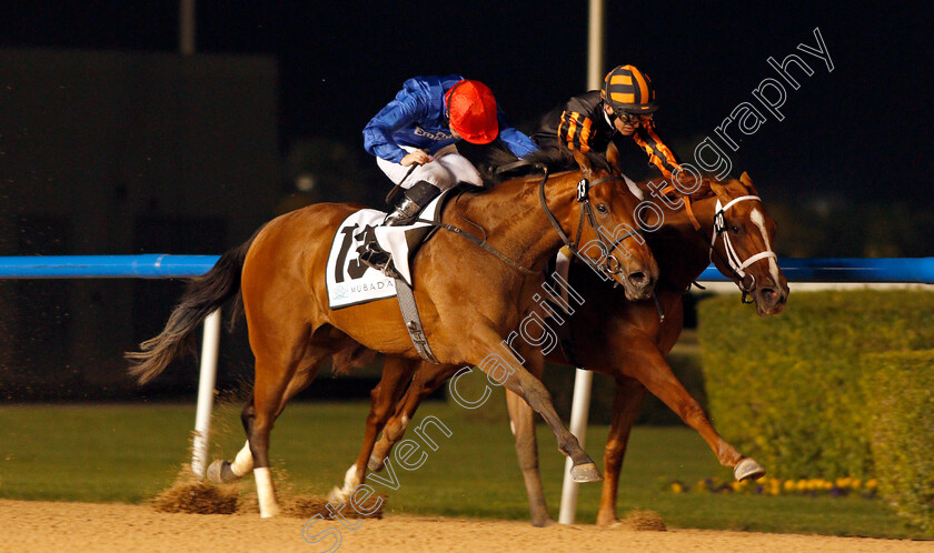 Winter-Lightning-0005 
 WINTER LIGHTNING (left, Pat Cosgrave) beats RAYYA (right) in The UAE 1000 Guineas Trial Meydan 18 Jan 2018 - Pic Steven Cargill / Racingfotos.com